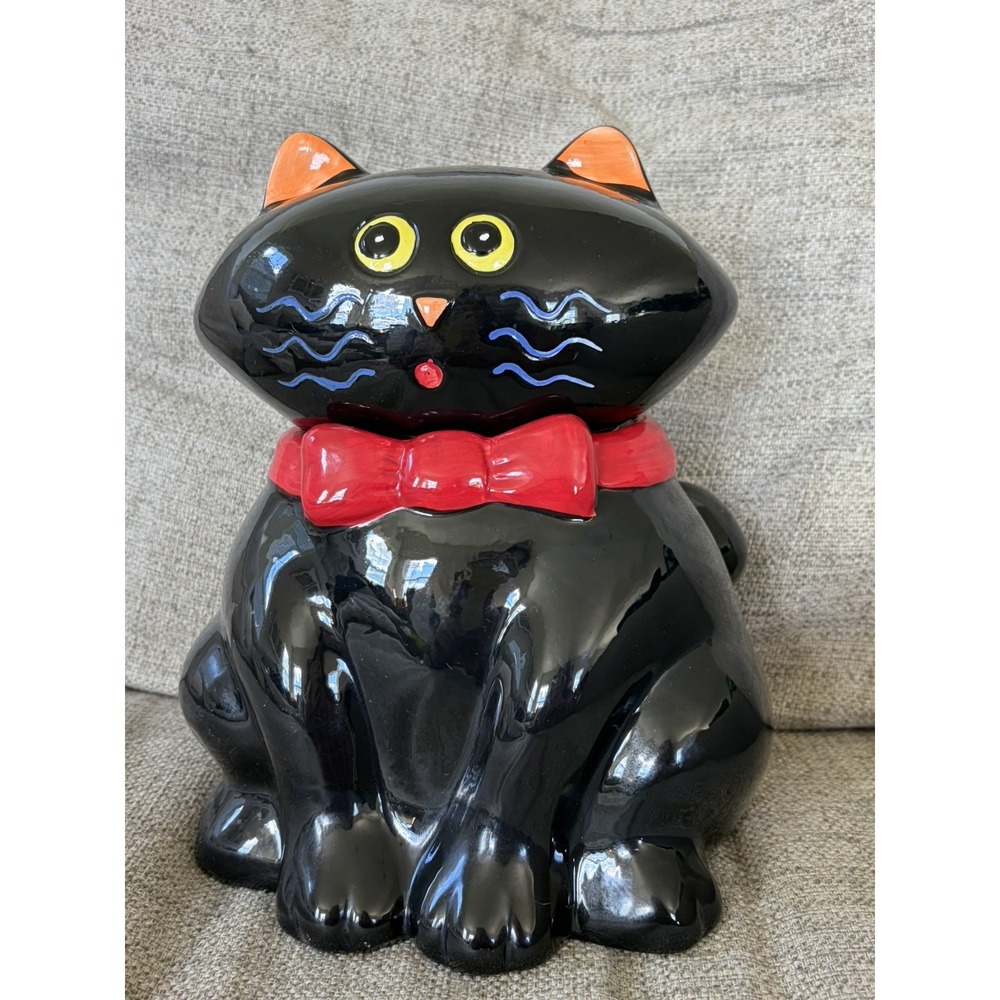 Whimsical 80s Vintage Black Cat Ceramic Cookie Jar McM Glam Modern Felix Kitty